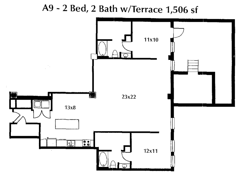 Floor plan for 2 beds, 2 baths, 1506 sqft